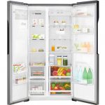 lg fridge freezer with the doors open and stocked with food